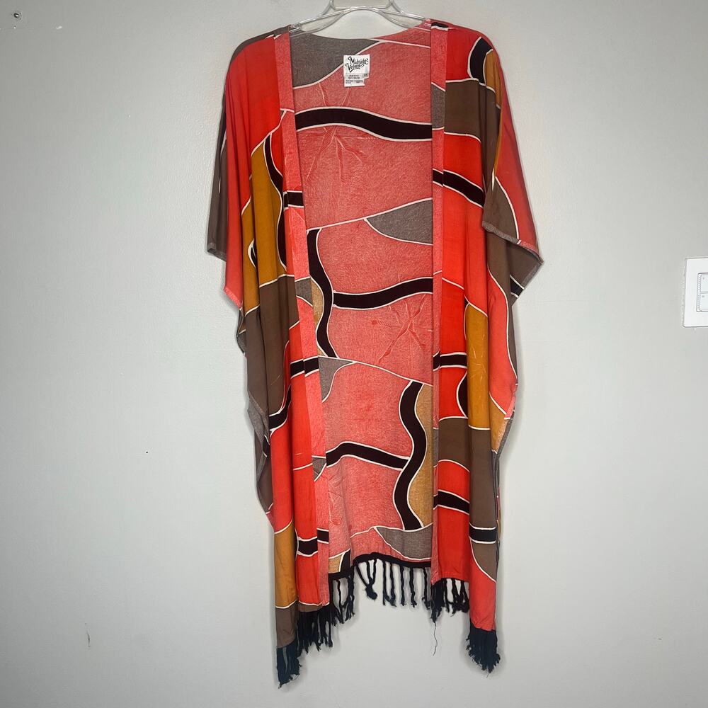 Midnight Velvet Duster Kimono Shawl Fringe Sz 2X Boho Lagenlook‎ Artsy Abstract